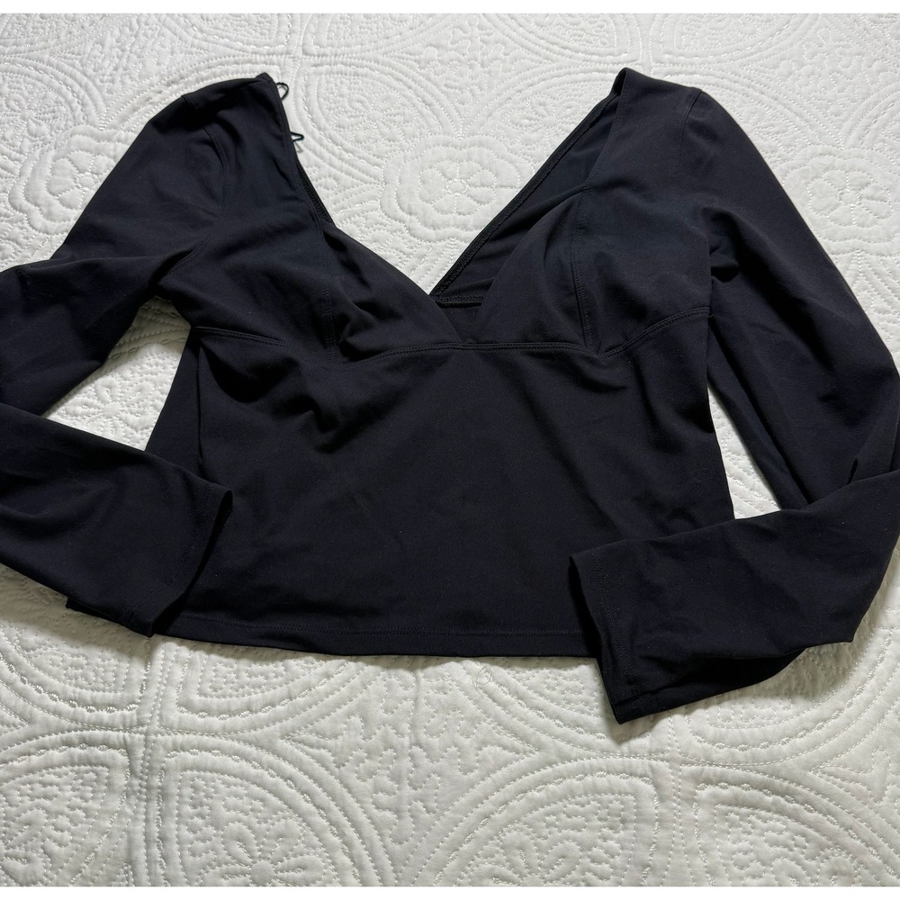 Free People Long Sleeve Top Womens Large Black Deep V-Neck Empire Waist Slim Fit